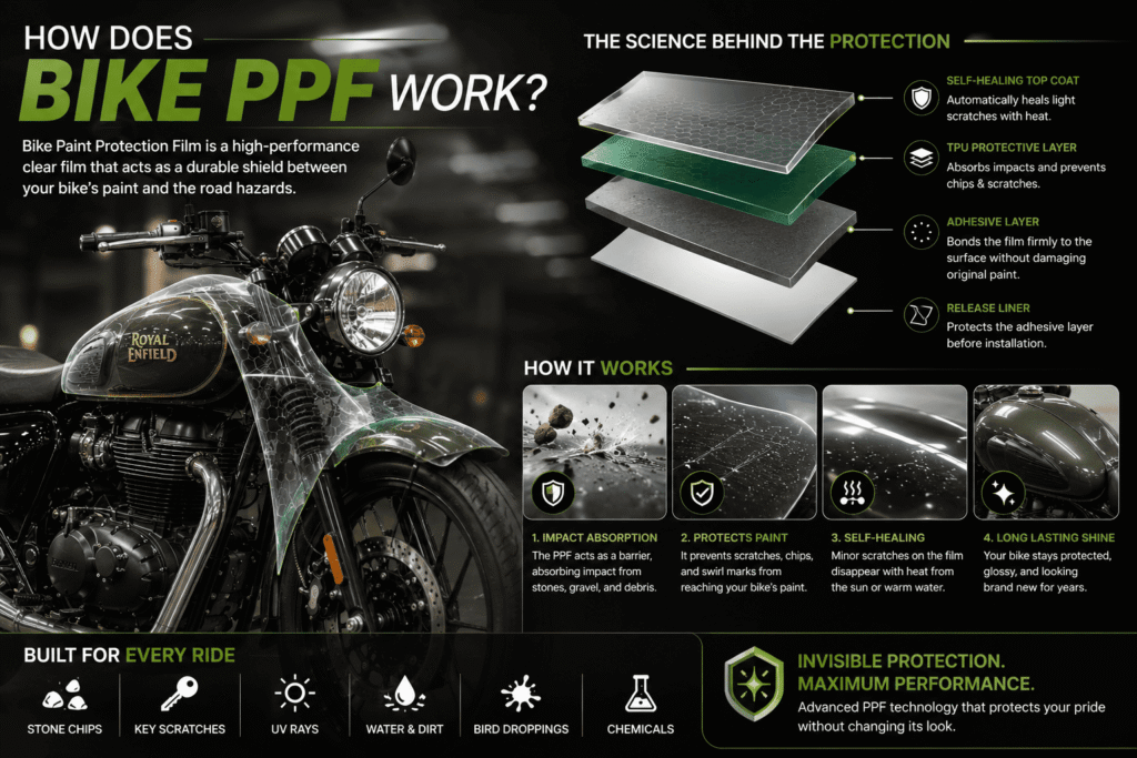 Best Bike PPF in Bangalore Near Me (2026 Guide): Cost, Benefits, Warranty & Installation 3 How Does Bike PPF Work